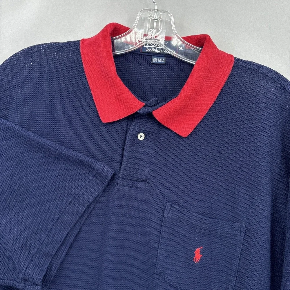 Vintage Polo Ralph Lauren Polo Shirt Mens XL Navy Red Collar Waffle Knit USA 90s
